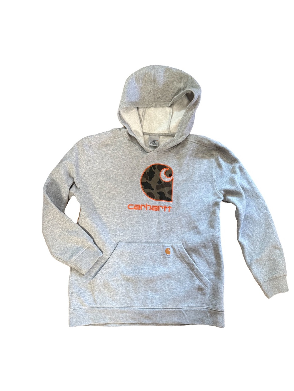 Carhartt Kids Light Gray Hoodie with Camo-Accent Logo Youth Large